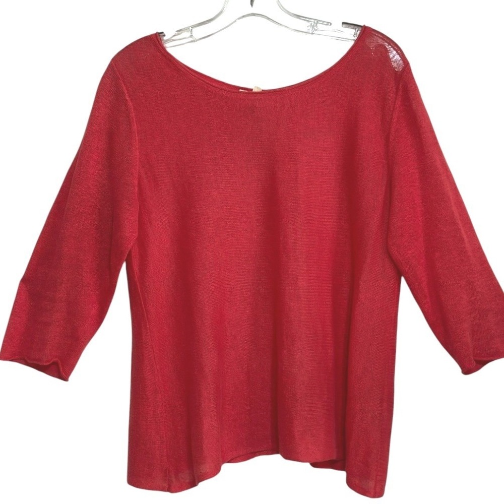 Eileen Fisher Shirt Women Red Organic Linen Boat Neck 3/4 Sleeve Transitional M